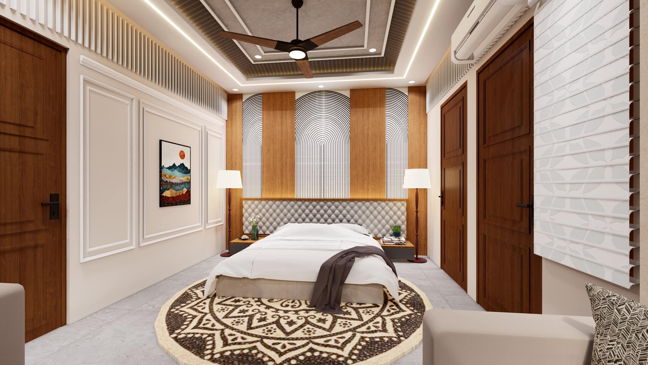 Interior design — backlit wood-panel bedroom
