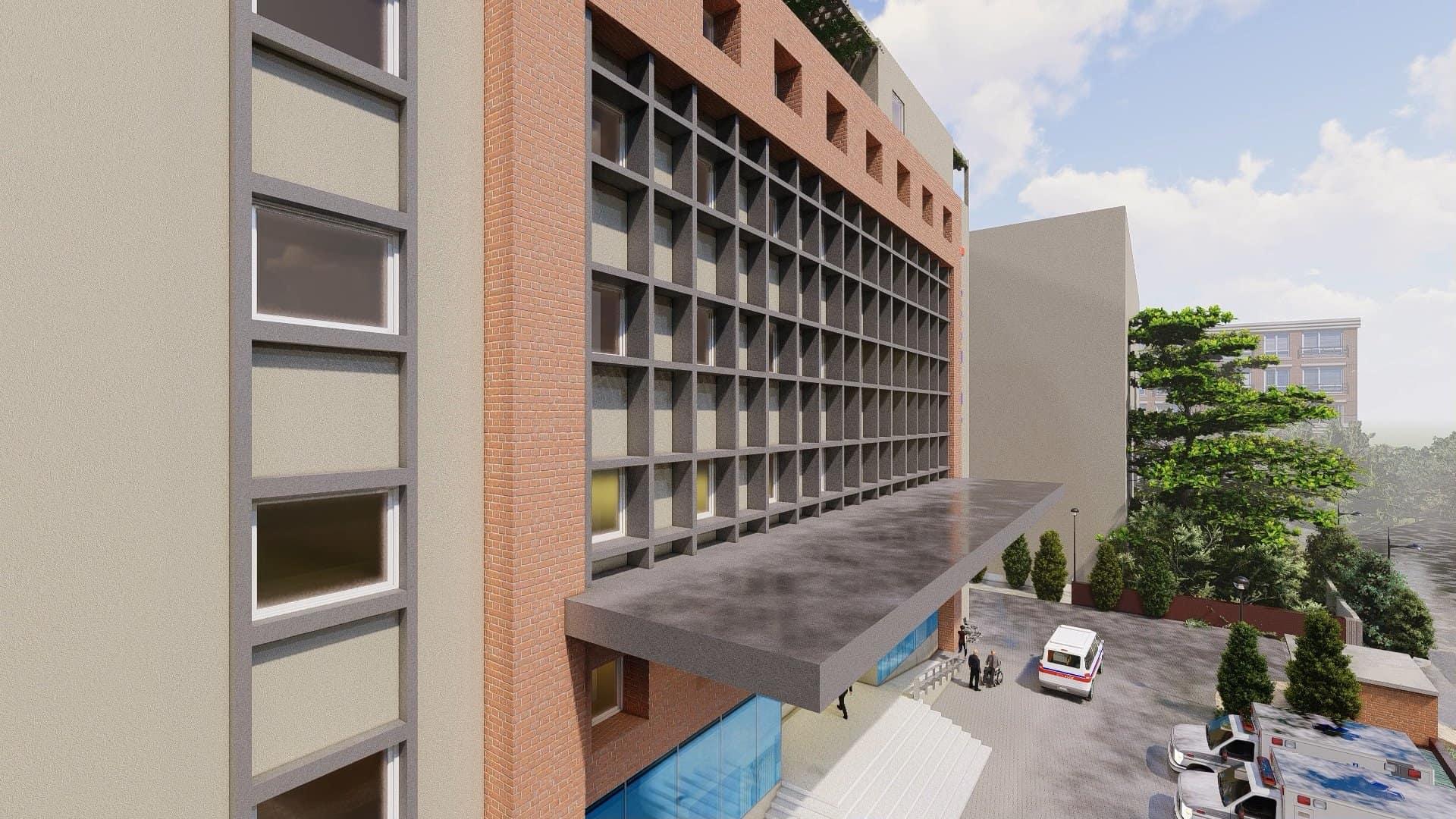 Hospital design — brick and glazed-grid facade