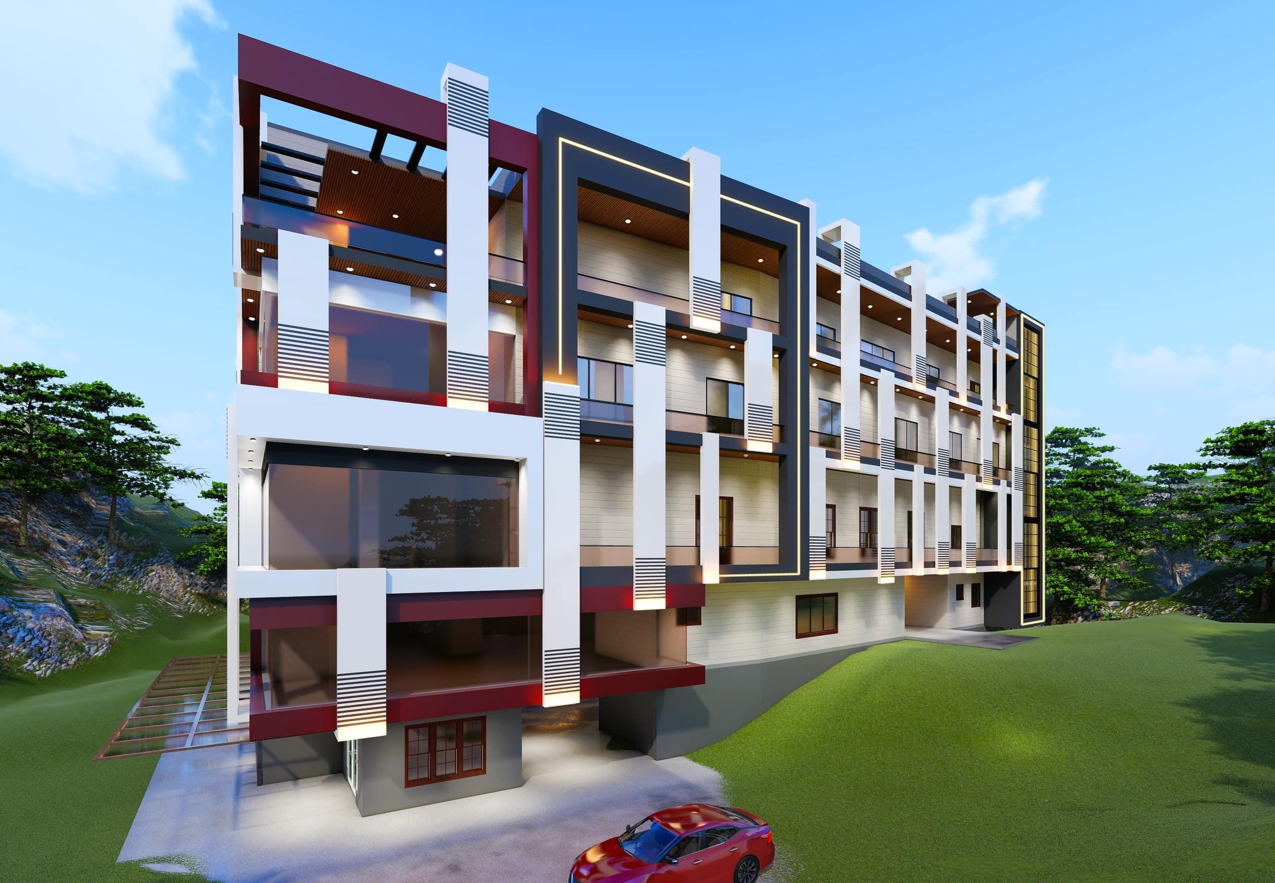 Hotel elevation, warm facade lighting
